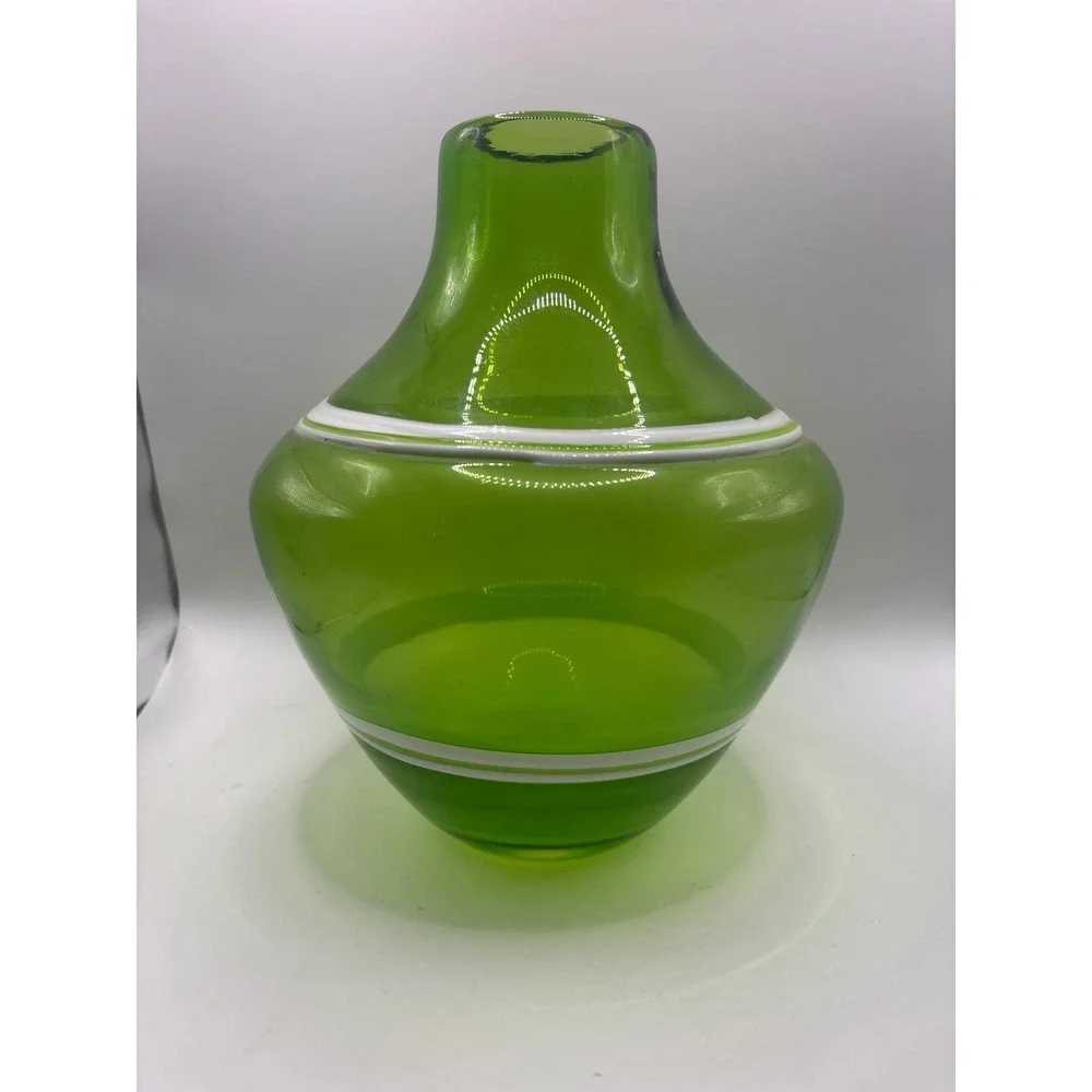 Mid Century Modern Green Art Glass Vase with White Stripes Hand Blown Decor